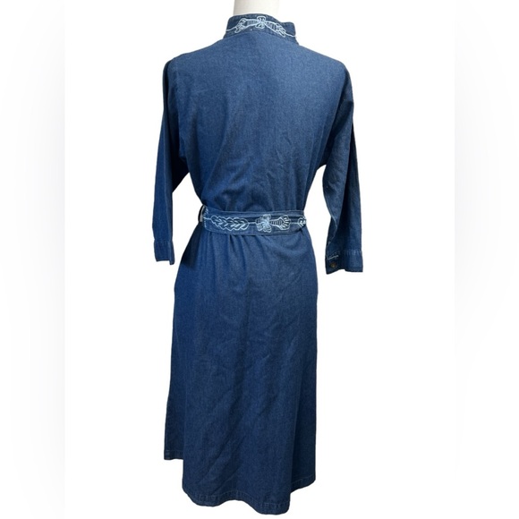 Marisol Denim Floral Embroidered Cottagecore Western Boho Belted Shirt Dress - Picture 3 of 6
